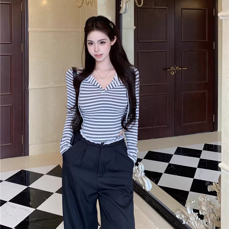 【set】 ボーダー柄パーカー×レースドッキングワイドパンツセット Q8051