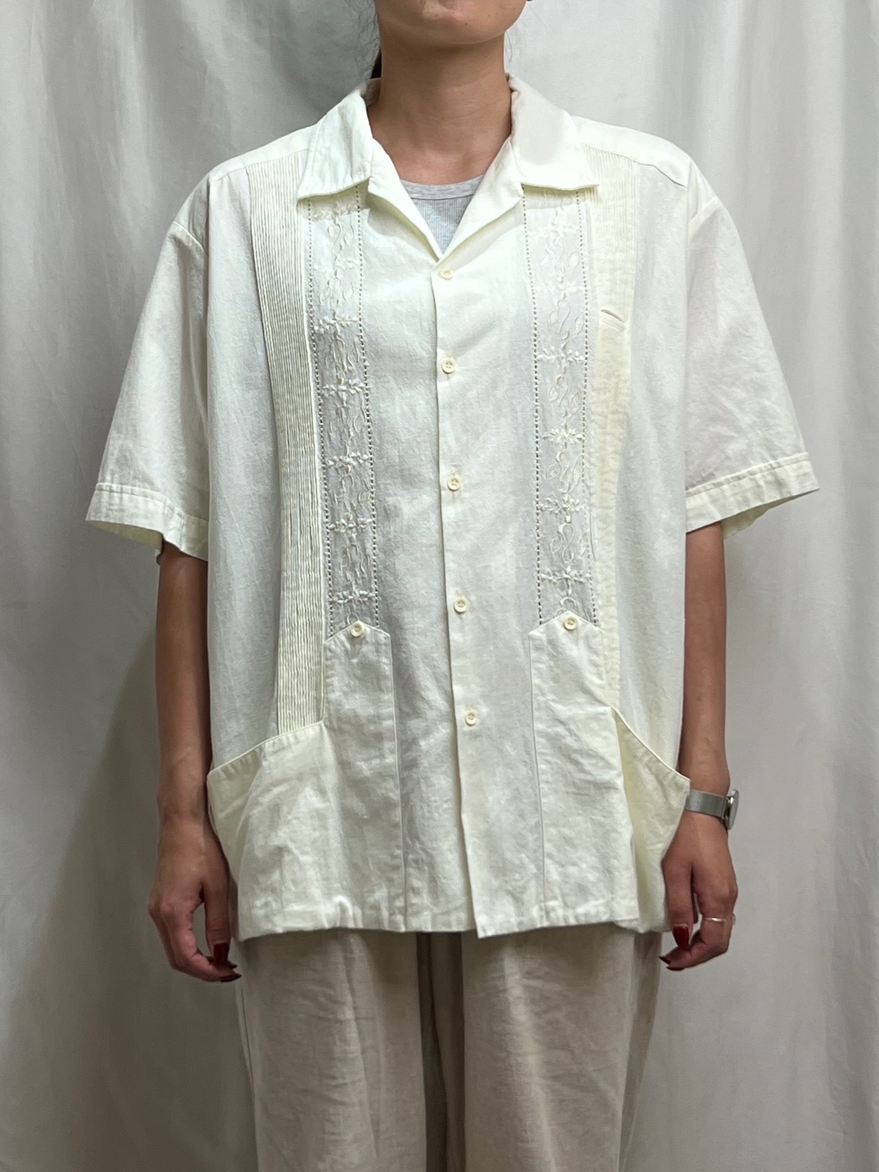 70s~ EURO 開襟 キューバシャツ グアヤベラシャツ 半袖シャツ 44