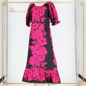 フラダンス 衣装 ワンピース ドレス ブラック系 ピンク系 ツーカラー スリット パフスリーブ ハイビスカス柄 モンステラ柄 かわいい 華やか 鮮やか 黒 ダンス衣装 ハワイアンダンス レディース ハワイアン アロハ ハワイアンプリント ダンス レッスン 練習