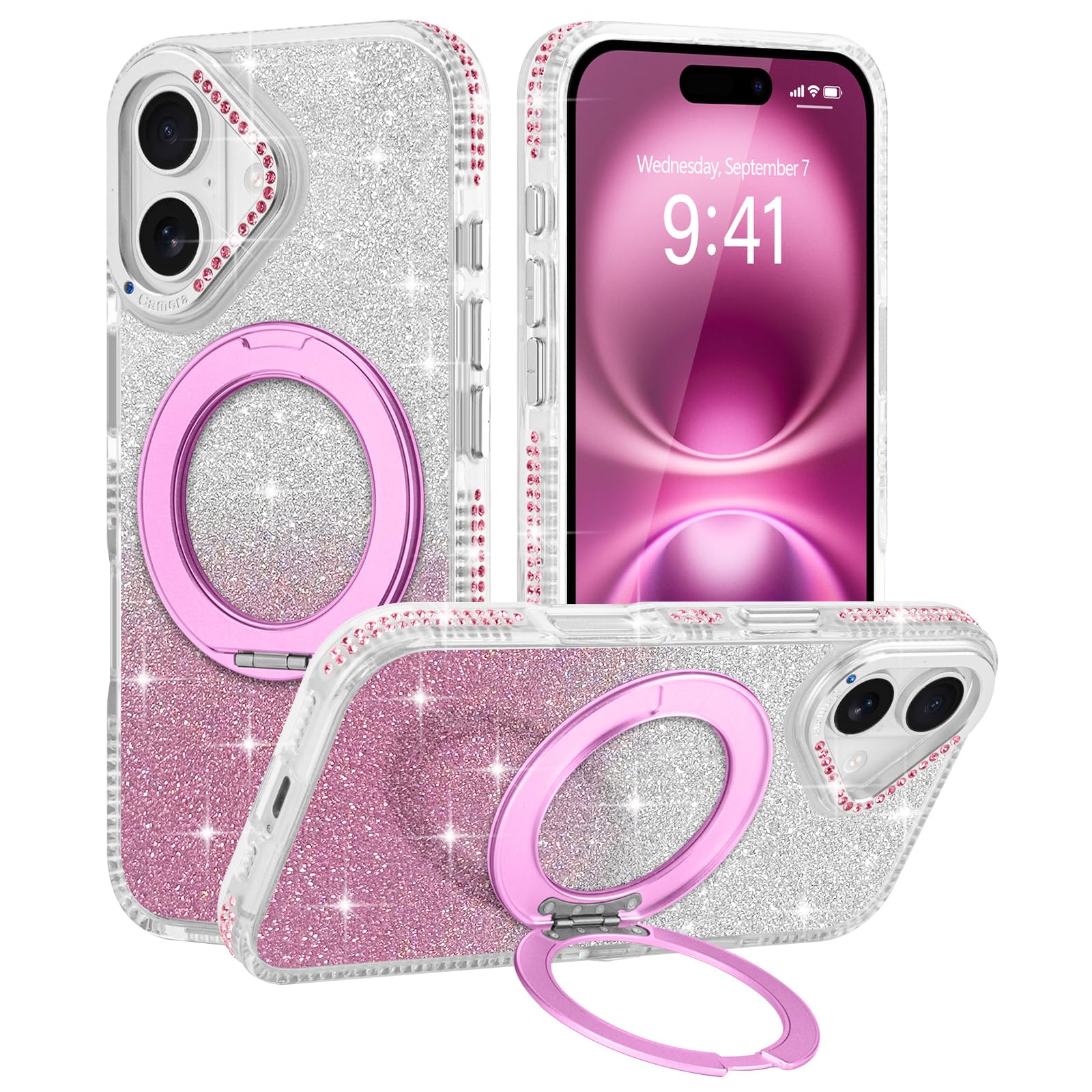 Wirvyuer iPhone 17用 ケース MagSafe対応 360°回転スタンド ワイヤレス充電 耐衝撃 Case(ピンク)
