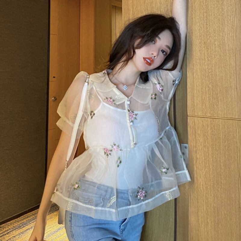 サマーカラー半袖スリーブ刺繍シャツ ショート ハーフスリーブ 夏物 ハンチェンe6420748880