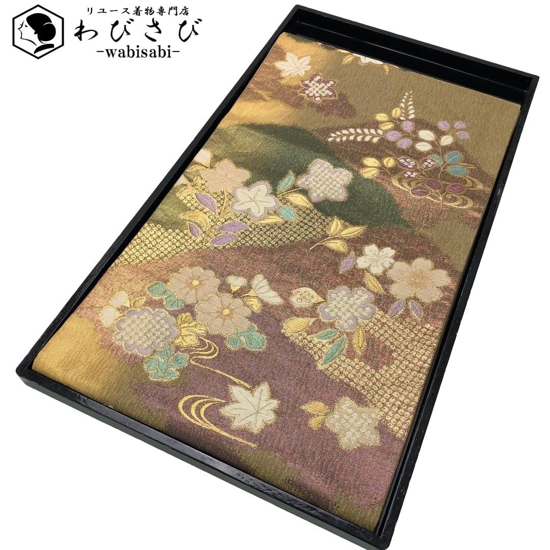 袋帯 麗粋唐織 松に竹 花模様 黄唐茶色 O-5067 【公式通販】