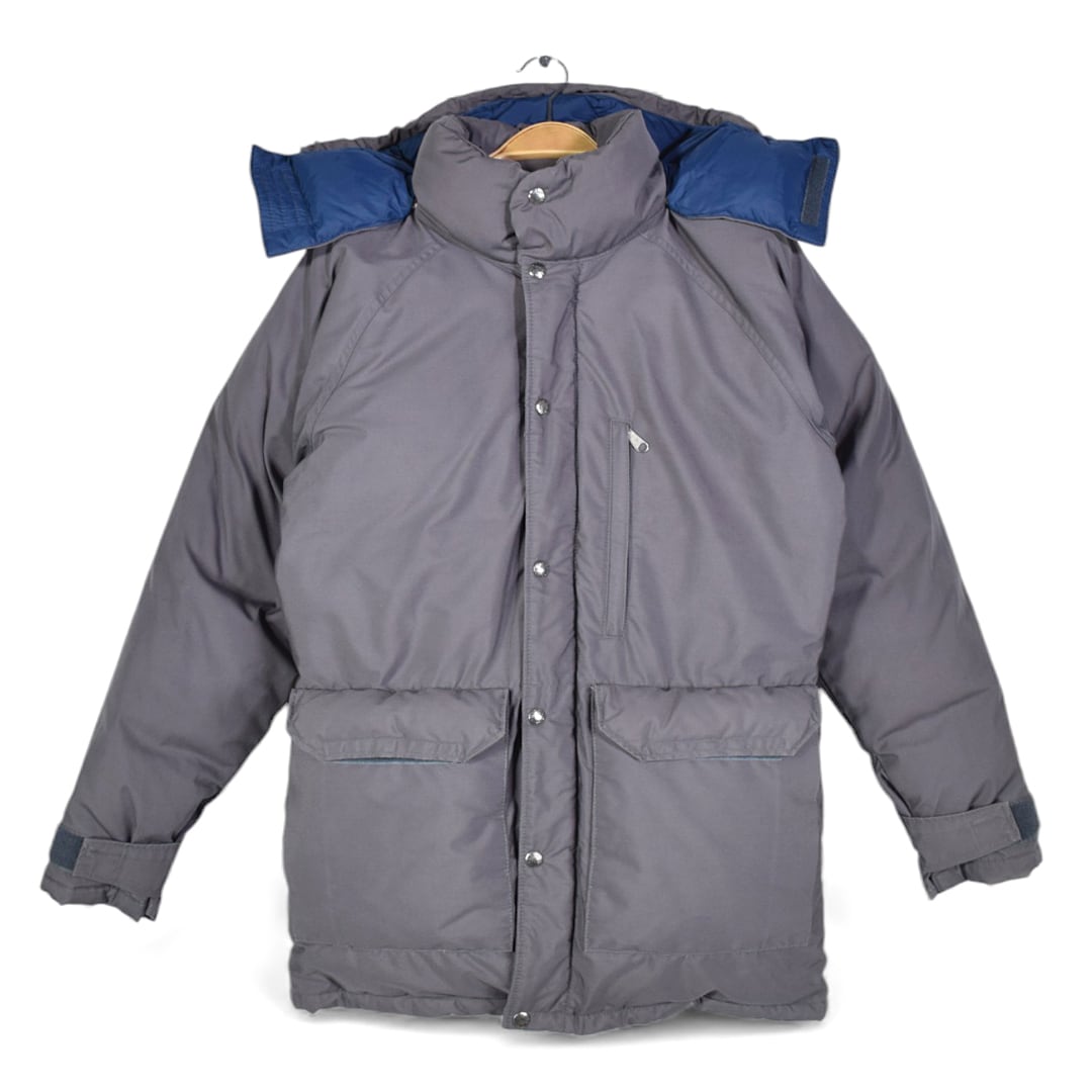 80s ノースフェイス 茶タグ セロー USA製 ヴィンテージ ダウンジャケット フード付き ダークグレー THE NORTH FACE サイズS相当 古着 DD0476