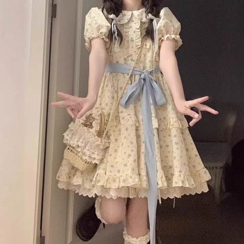 2色／小花柄ウエストリボンパフスリーブフレアワンピ ・78198