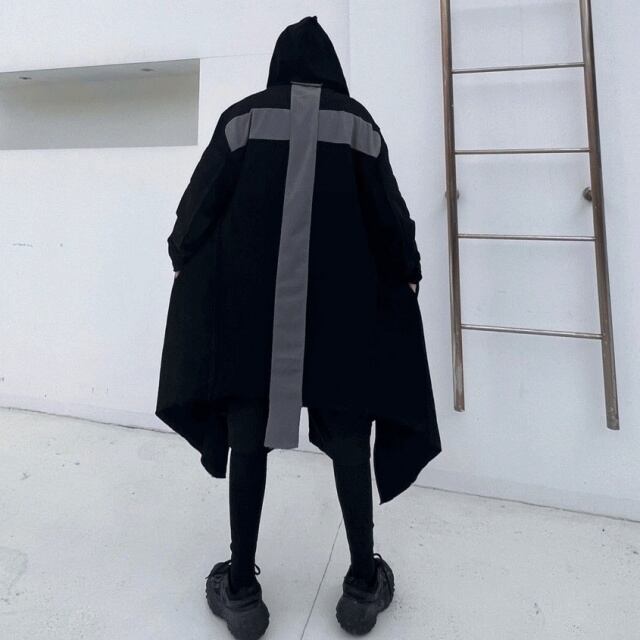 【予約販売】コート メンズ ロング丈 フード付き クロス 十字架 ビッグシルエット 黒 ブラック 韓国 防寒 お洒落 こなれ感 ベーシック 秋 春 M/L/XL