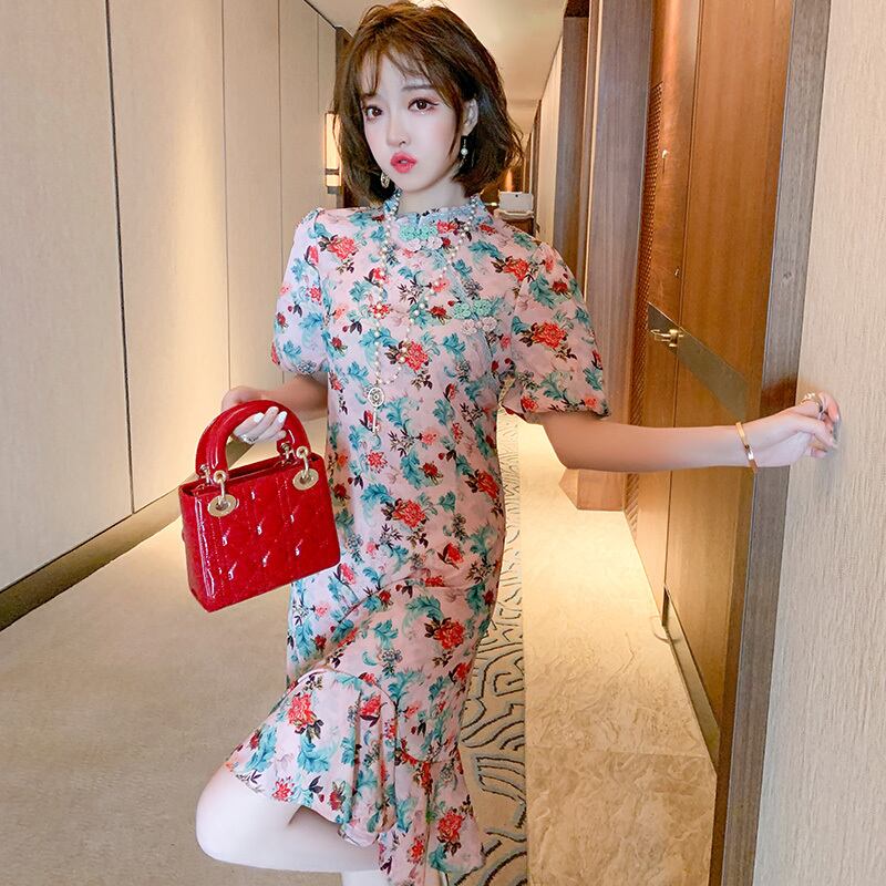 スタンダードプリント柄バックルスリムウェストドレス レディース レトロ MIUCO62568079309