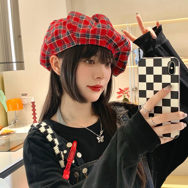 スタンダードレッド格子柄サマースプリングオータム レトロ 帽子 春物 夏物 秋物 ベレット ヘアアクセサリー ブラック・アイド・ピーズ7703658535