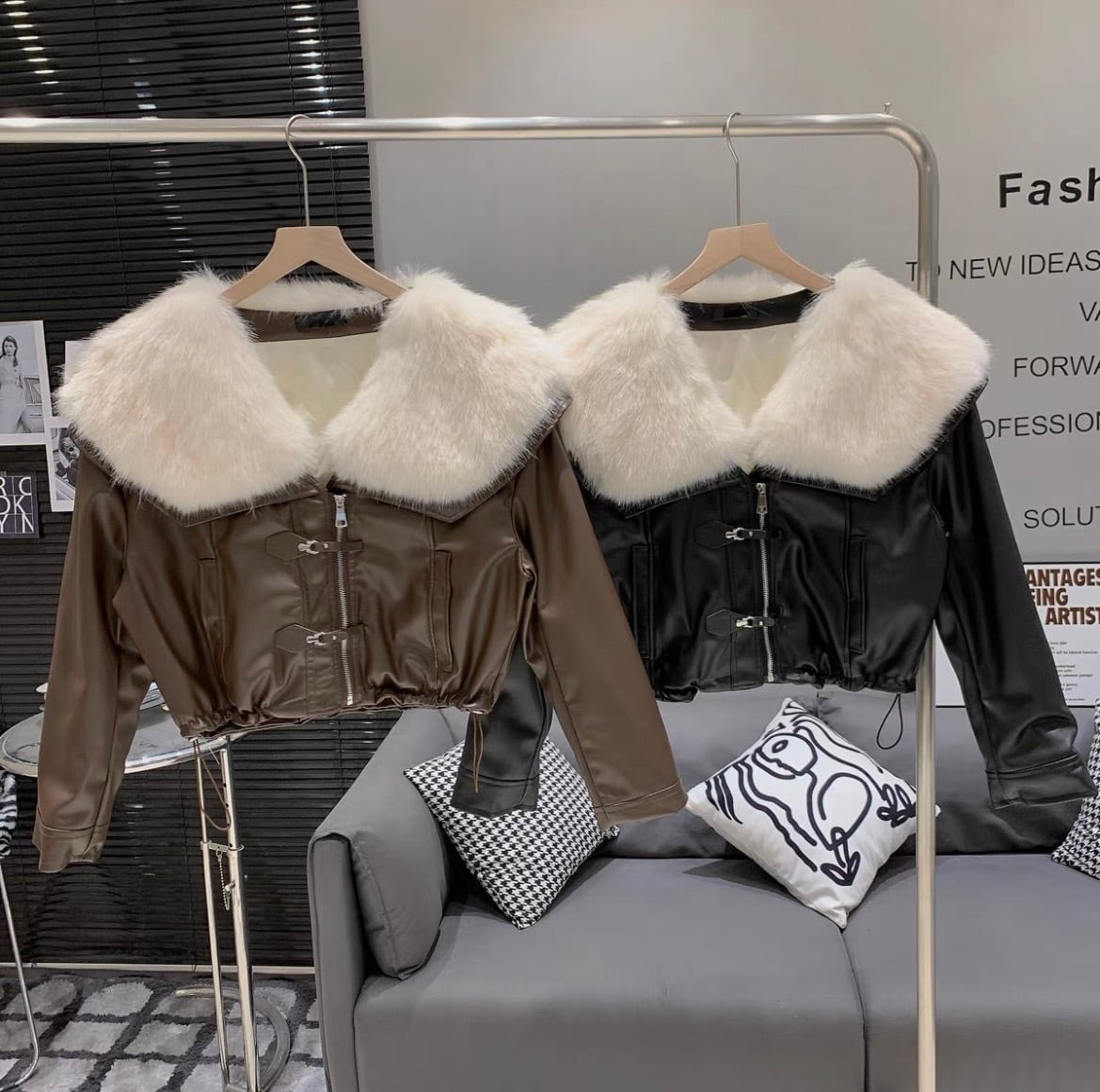 全2色フェイクファーショート丈レザージャケット | sharmant