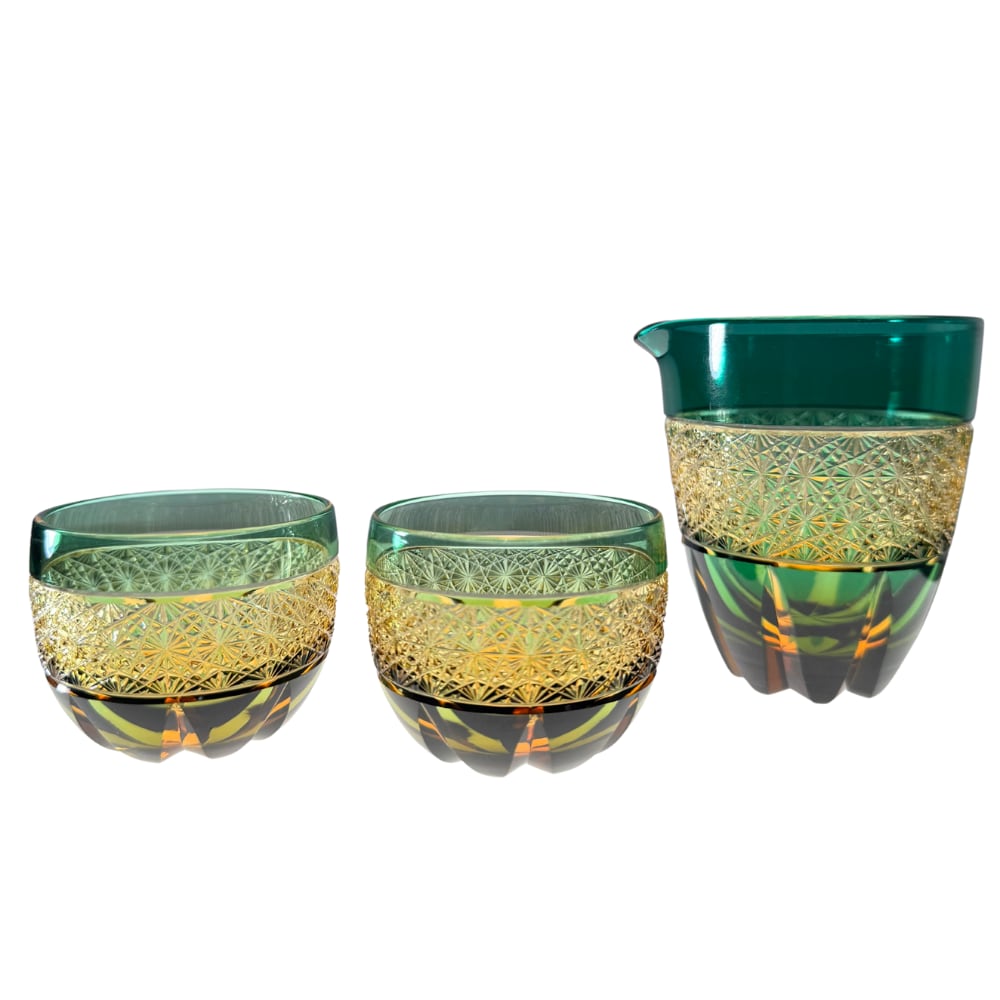 門脇硝子加工所アウトレット福袋2026 クリスタル片口セット(炎) 琥珀色緑