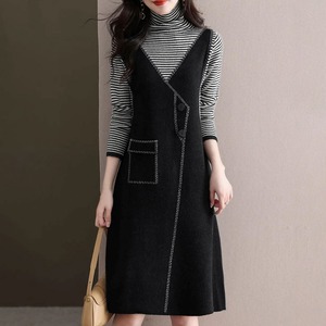 レイヤード風 ワンピース 長袖 レディース 秋冬 韓国 重ね着 ボーダー きれいめ おしゃれ 大人 カジュアル かわいい 膝丈 ハイネック ニットワンピース 配色 大人可愛い 大人女子