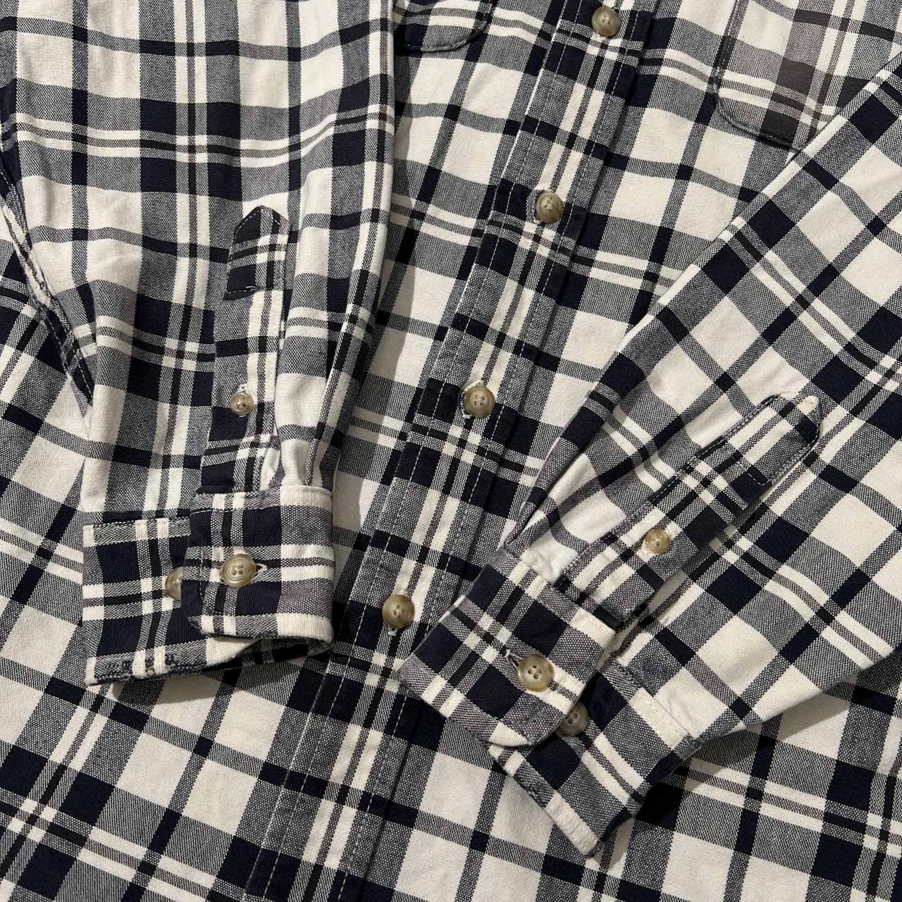 90s Eddie Bauer エディーバウアー 白タグ チェック柄 オックスフォード 長袖シャツ S(海外サイズ) /メンズ/ビンテージ/ホワイト×ネイビー