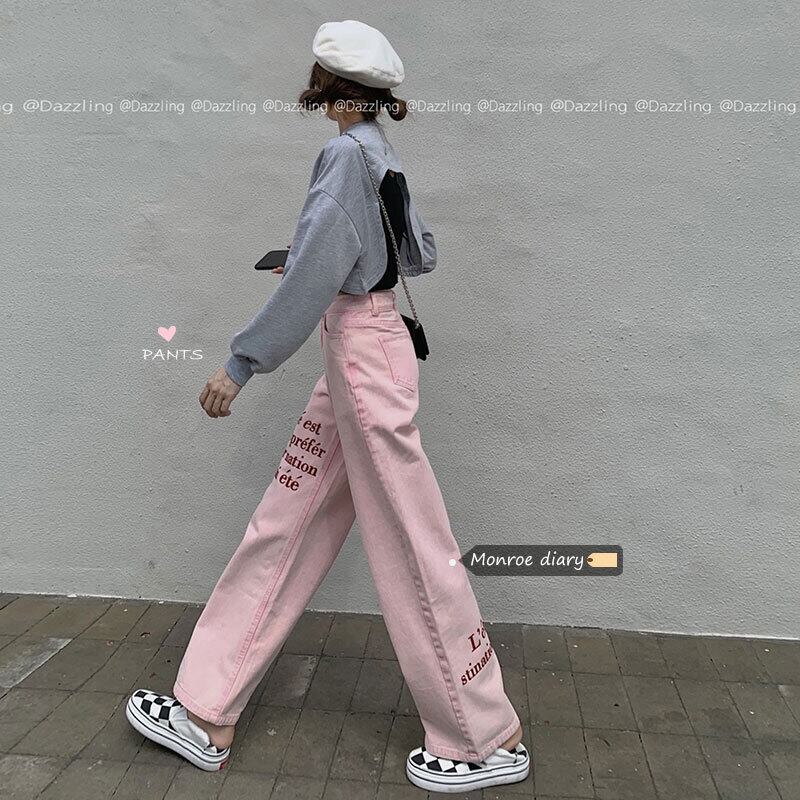 ジーンズ ウェストワイドレッグパンツ オータムルーズ薄手 ピンク レッド 刺繍 秋物 ワイドパンツ モンロー65009112370