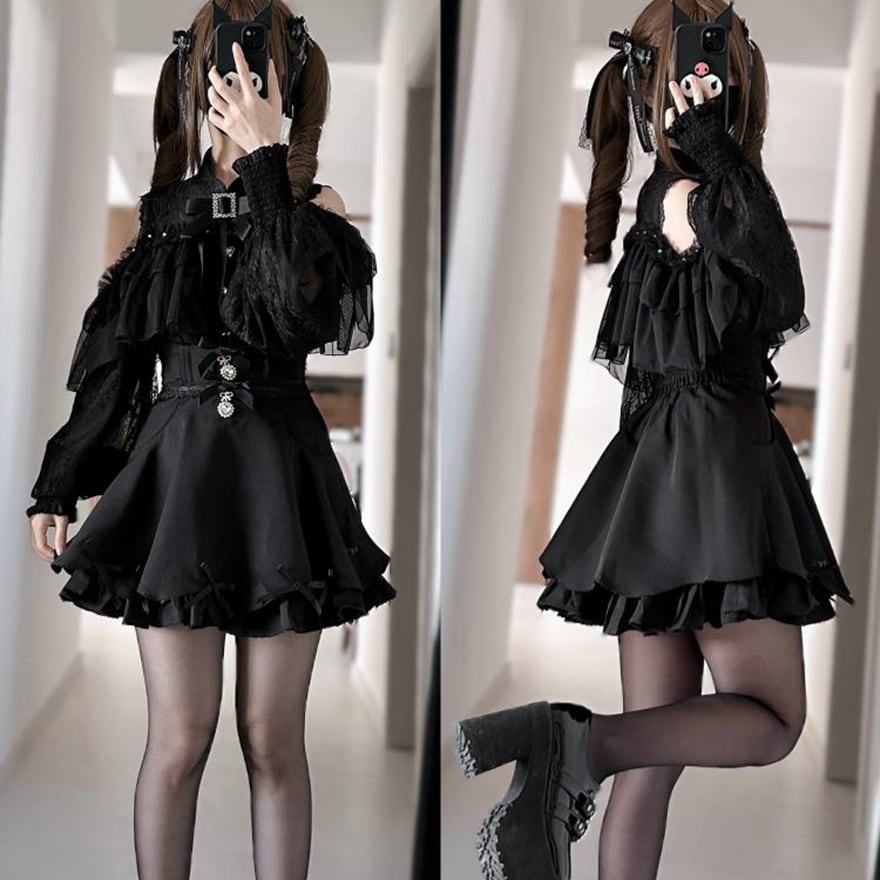 SEASONZ 地雷系女子 甘辛ミックス ブラウス シャツ オープンショルダー ハートボタン 長袖 ダークゴシック オフショル ケープ風 レイヤード