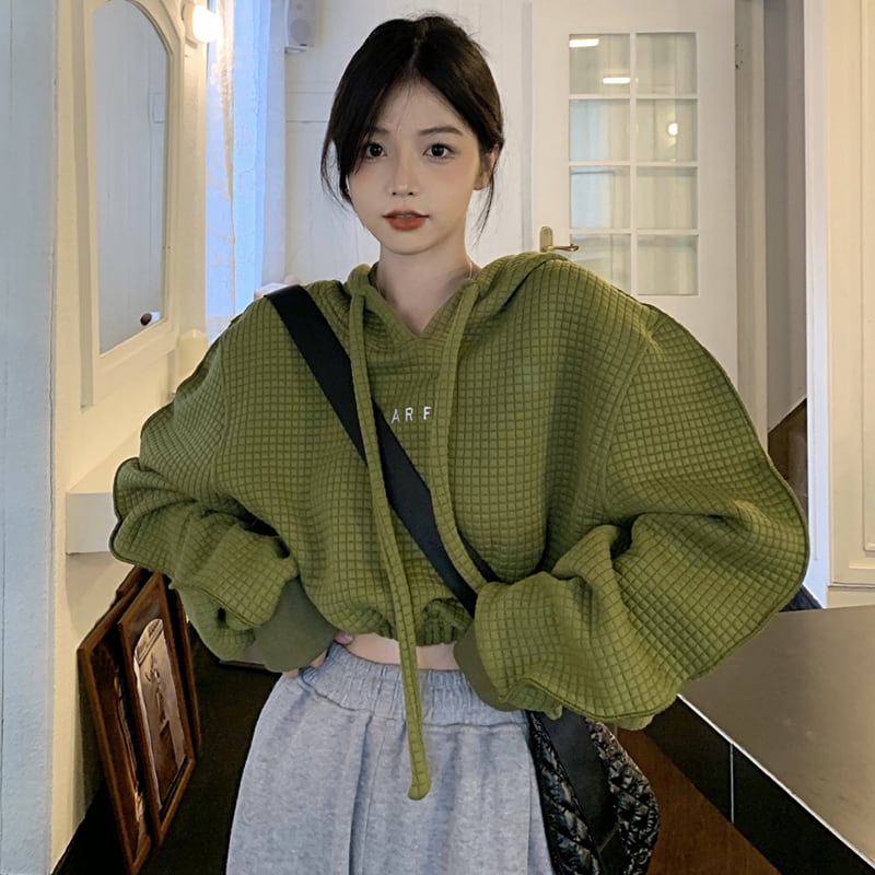 左小姐シリーズ パーカー トップス 2color 緑or白 チェック柄 可愛い 春服 秋服 韓国風 着痩せ グリーン ホワイト Elegant