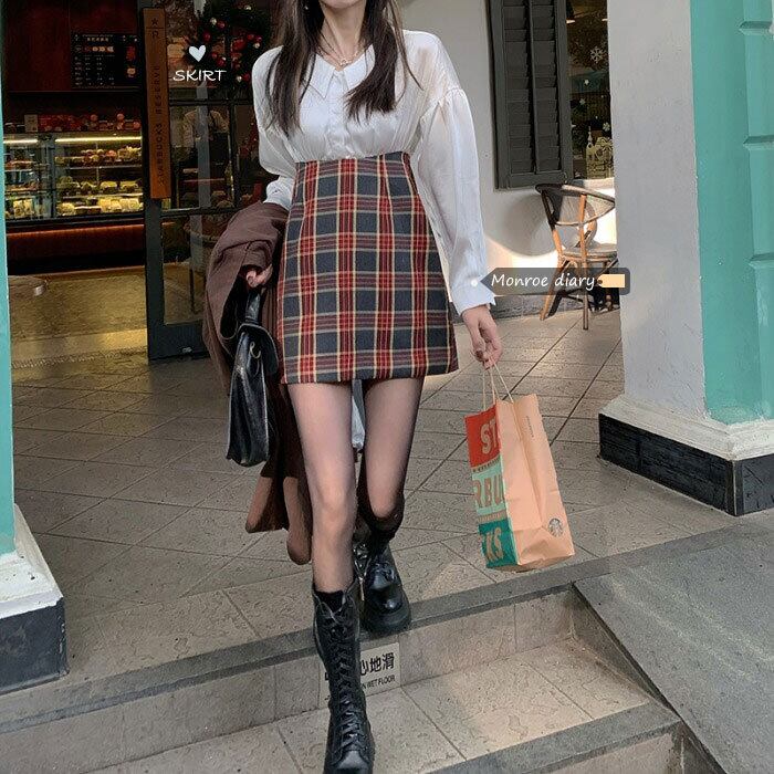 格子柄ドレス スカート オータムウィンターショートAライン 秋物 冬物 モンロー34807365169
