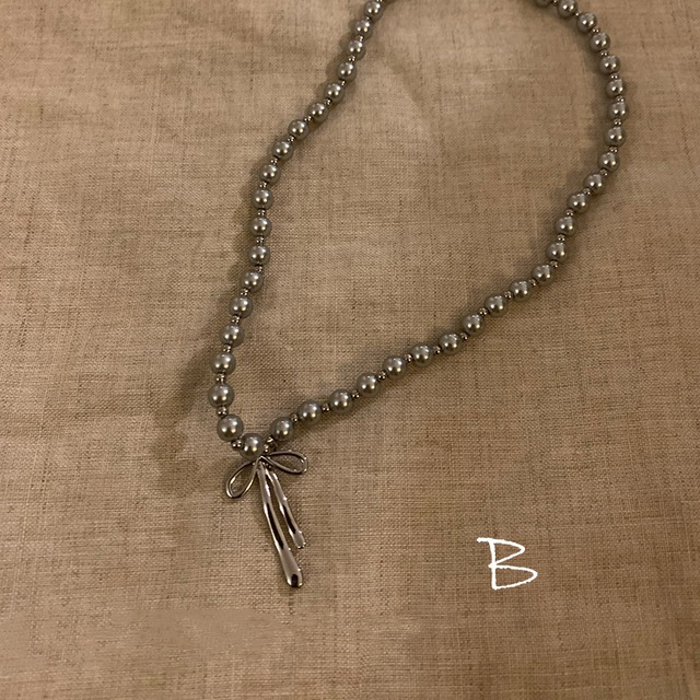 Somedayif 灰色のリボンビーズネックレス 2s