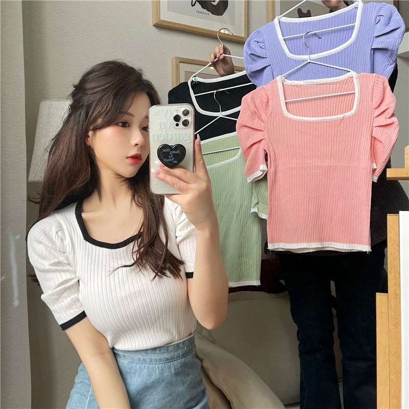 カラーラウンドネックショートセーター サマートップス 大人ガーリー スウィート キュート カジュアル 夏物 Oネック YY-ファッション77807156373