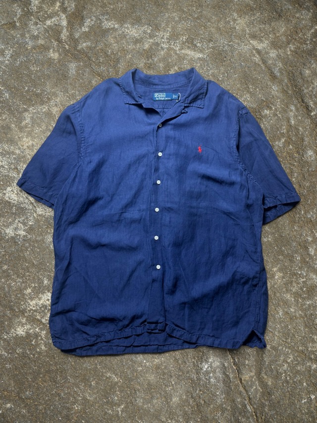 ［90s］Polo Ralph Lauren Navy Herringbone Red Silk Linen Blend Long Sleeve Shirt