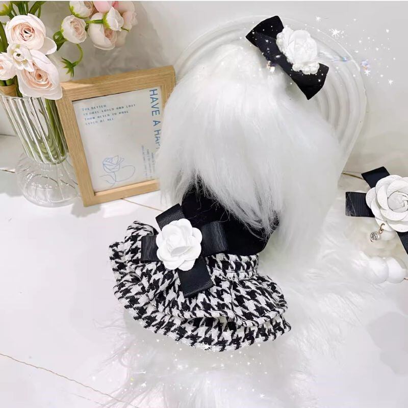 ローズモチーフ付ツーピース風 千鳥格子ワンピース 犬服 00361