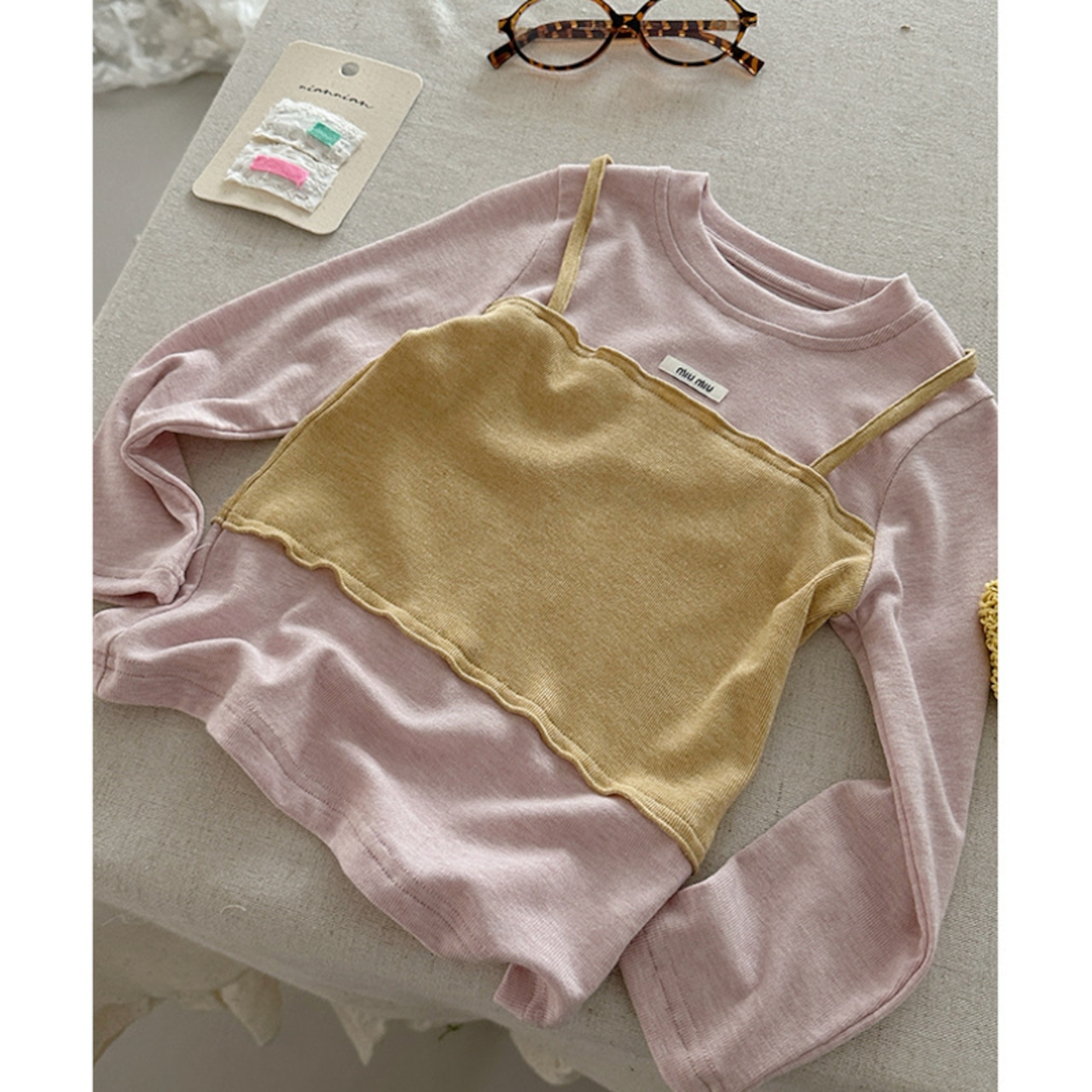 秋バイカラーフェイクレイヤードTシャツ