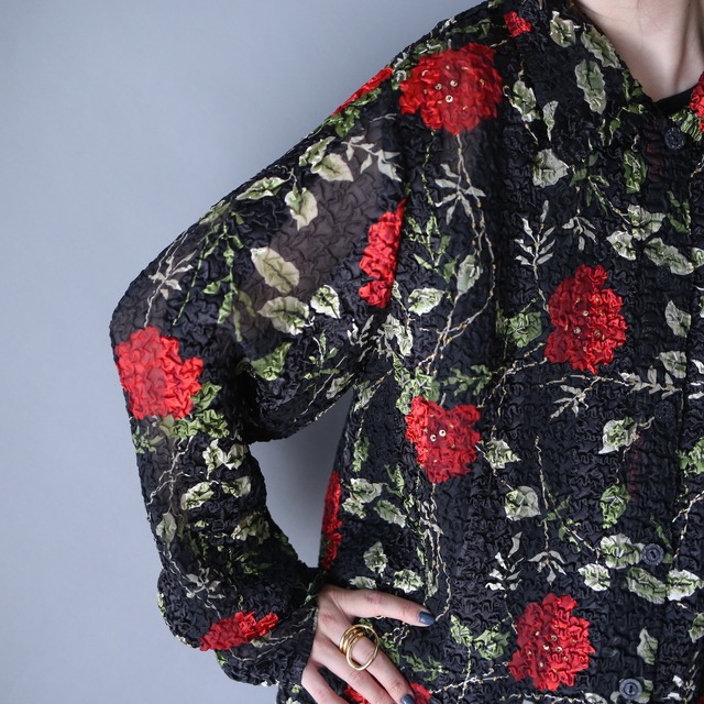 "皺" beads decoration design flower art pattern see-through shirt