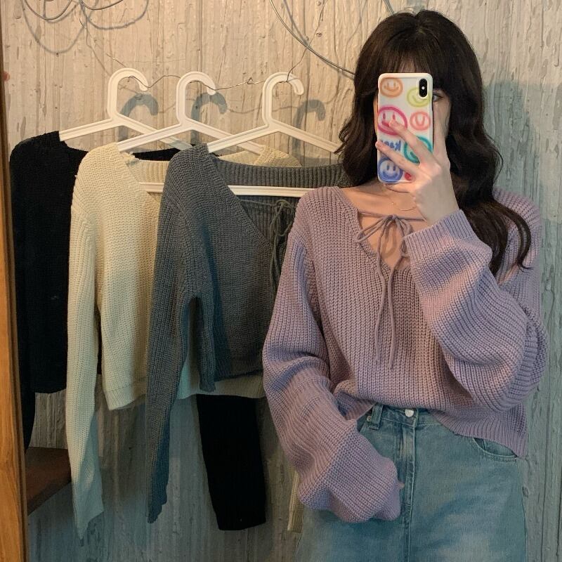 Vネックショートセーター レディースオータムウィンタールーズトップス ロング 秋物 冬物 YY-ファッション98680366418