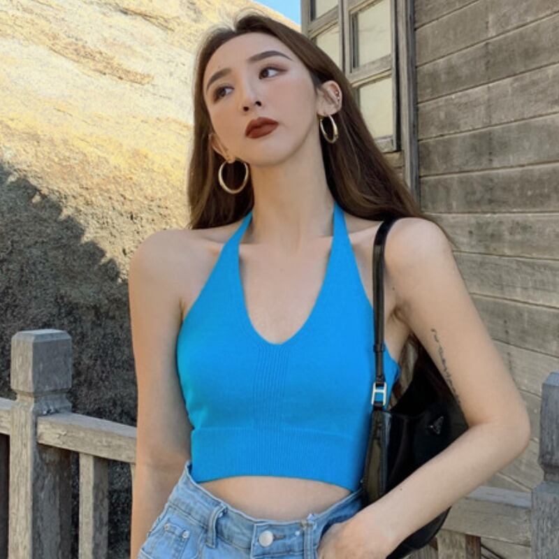 スプリングサマーニットホルターブルーショートジャケット 春物 夏物 YY-ファッション74488739182