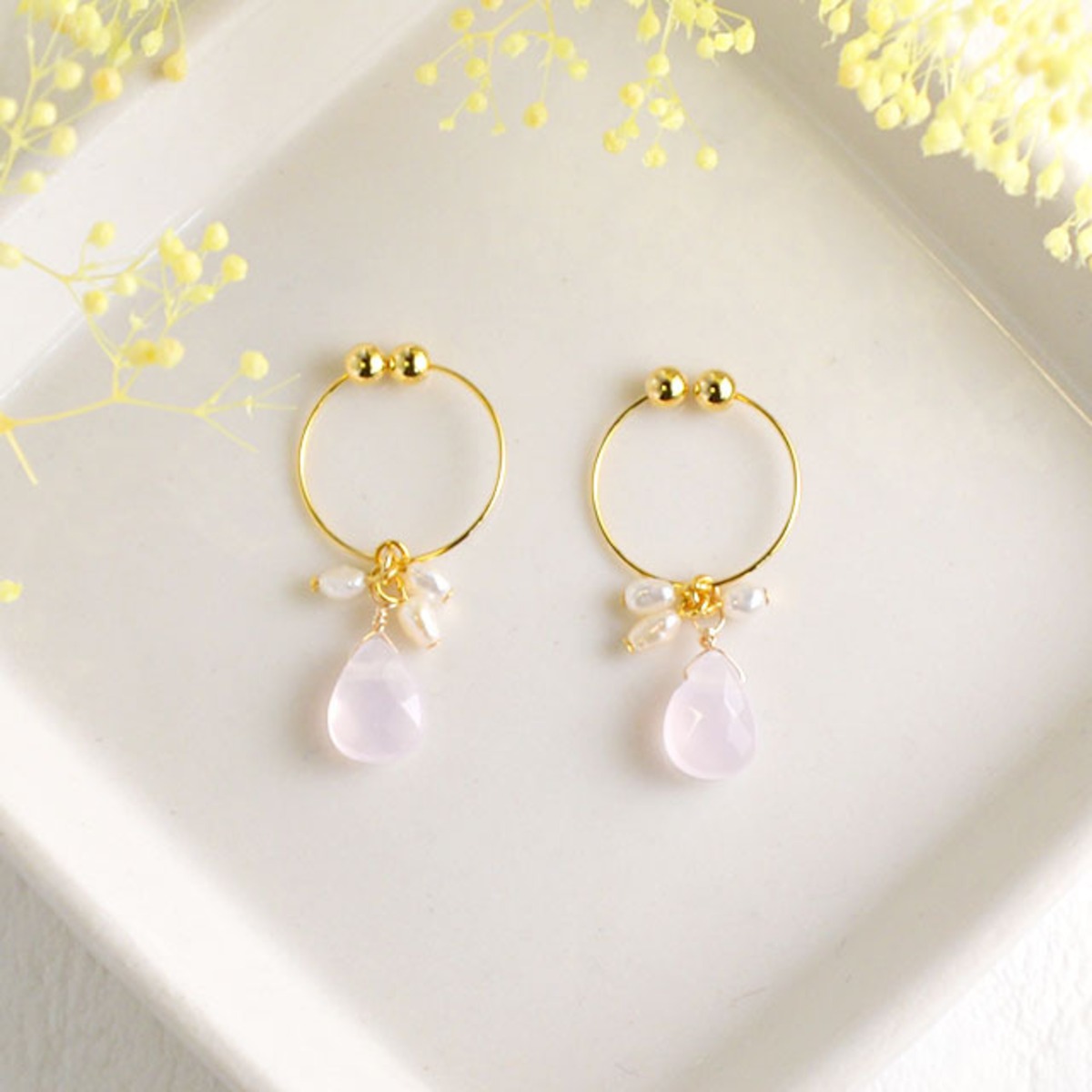 天然石と淡水パールのノンホールピアス（ピンク） | calpia 