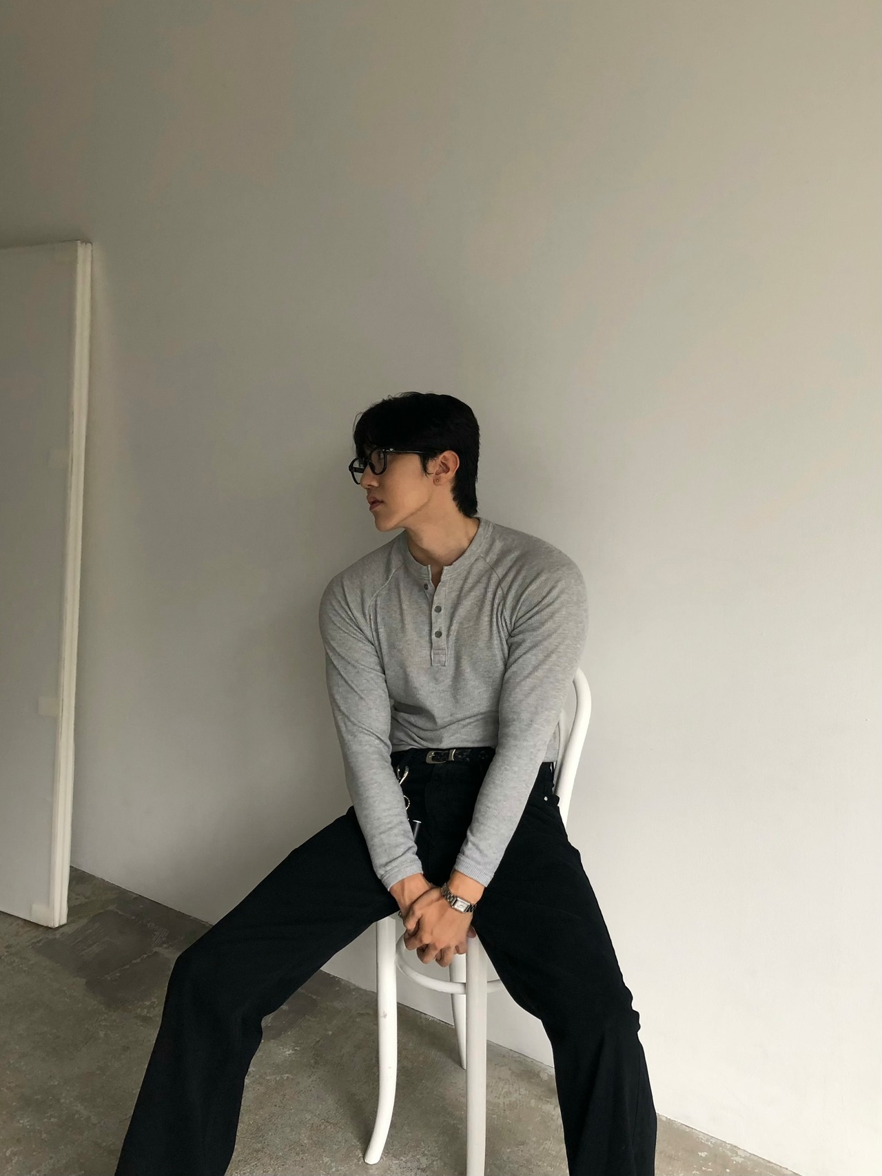 【Muscle Fit】Ribbed Henley Neck Long Sleeve Knit (4color) - 14