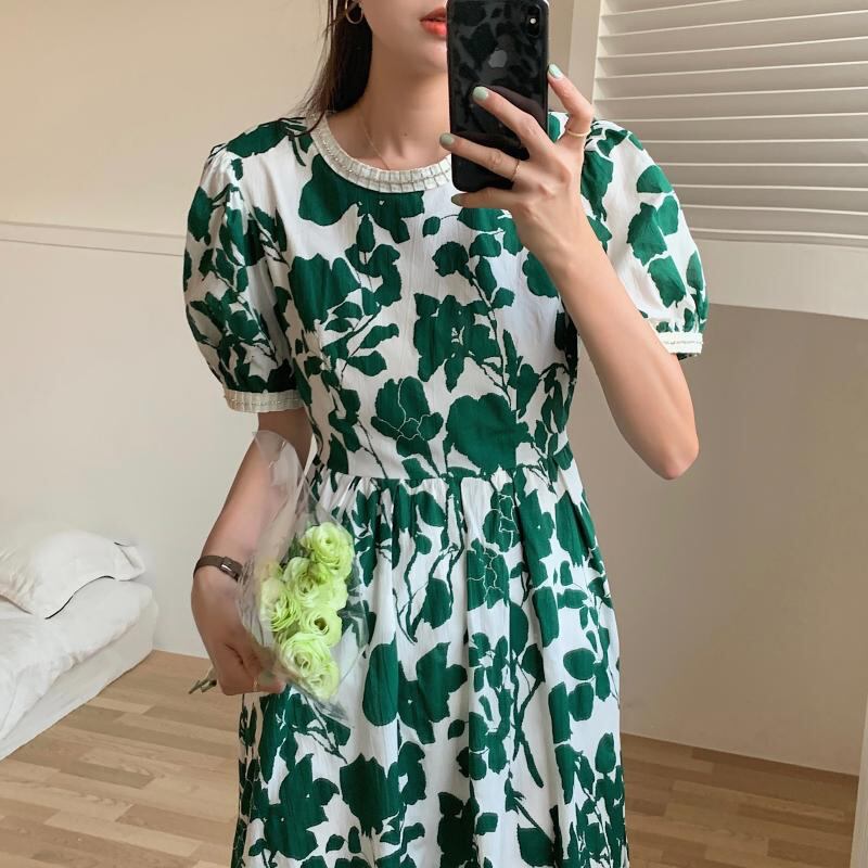 フローラルドレス サマープリーツハイウェストラウンドネックスカート 夏物 花柄 Oネック ビッグFスモールZ韓国29057912251