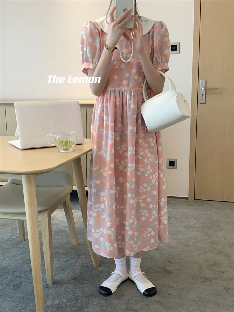 サマーカラーフローラルスカート ルーズ半袖スリーブドレス ロング ショート ハーフスリーブ 夏物 花柄 ビッグFスモールZ韓国39959774523