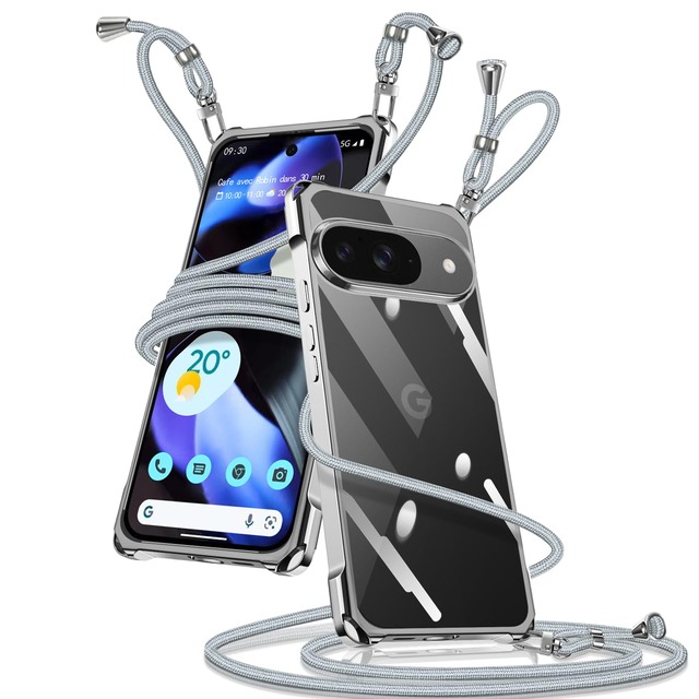 Muciyazi 用の Google Pixel 9/Pixel 9 Pro ケース クリア ショルダー ピクセル9 カバー 肩掛け 斜めかけ 縄掛けケース 透明 薄型 軽量 TPU 携帯ケース 紐付き 長さ調整可能 取り外し可能 落下防止 紛失防止(シルバー)