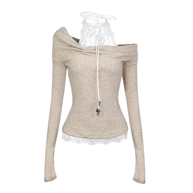 [OPEN AESTHETIC] Lace Overlap Fake Neck Knit Top