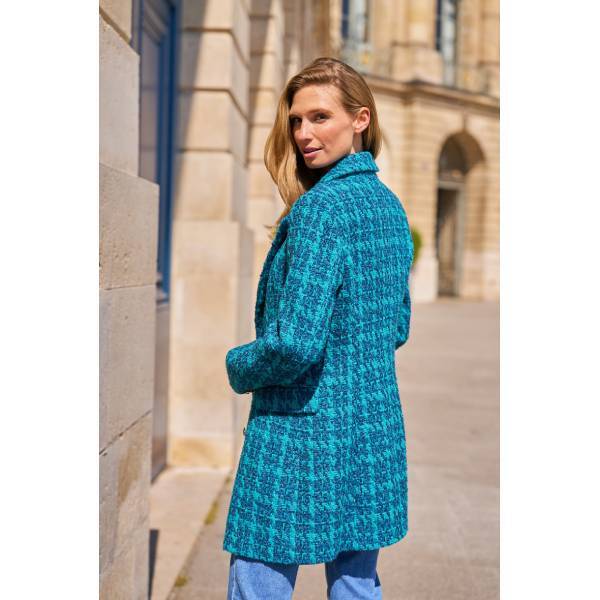 ブルー 千鳥格子ツイード チェスターコート ウール混 ロングコート