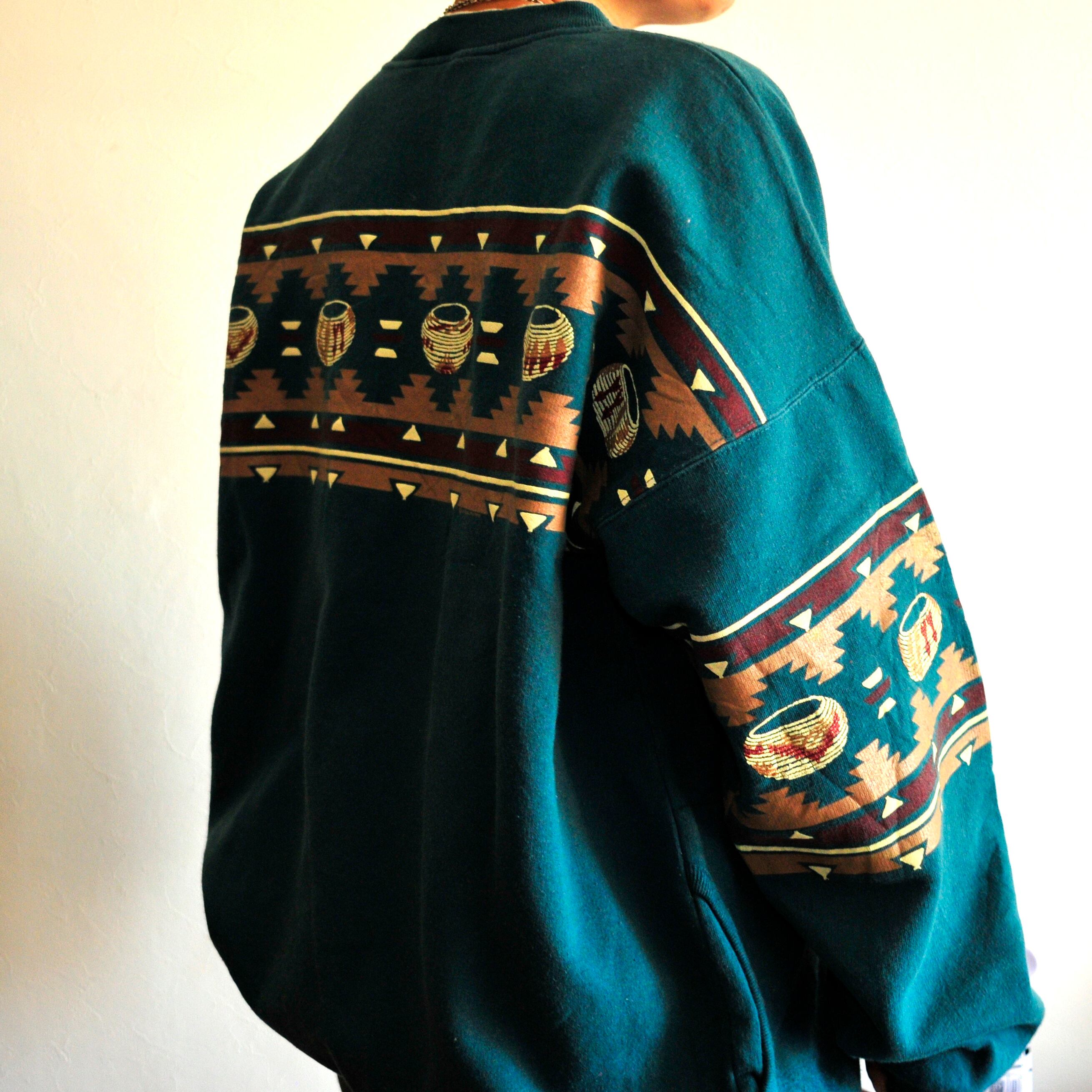 90s Native pattern cotton sweatshirt {ネイティブ柄 コットン スエットトレーナー 古着 used メンズ} ユニセックス