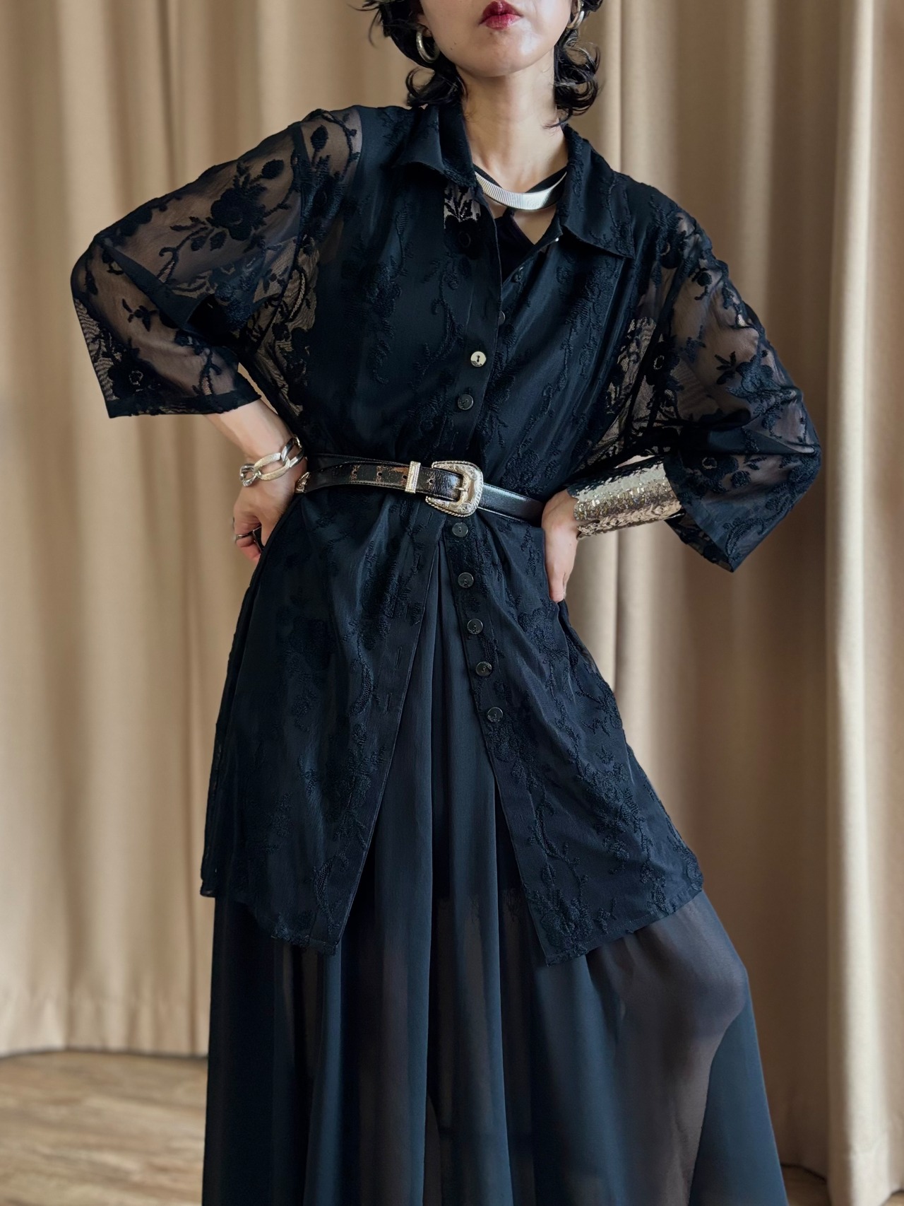 black floral lace sheer long shirt-5315-7