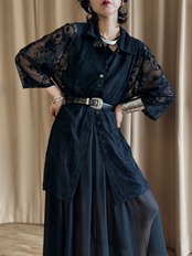 black floral lace sheer long shirt-5315-7