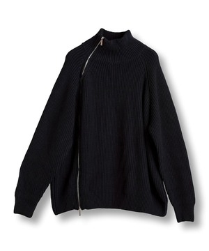 Asymmetry Zip Knit Turtle Neck Cardigan　Black