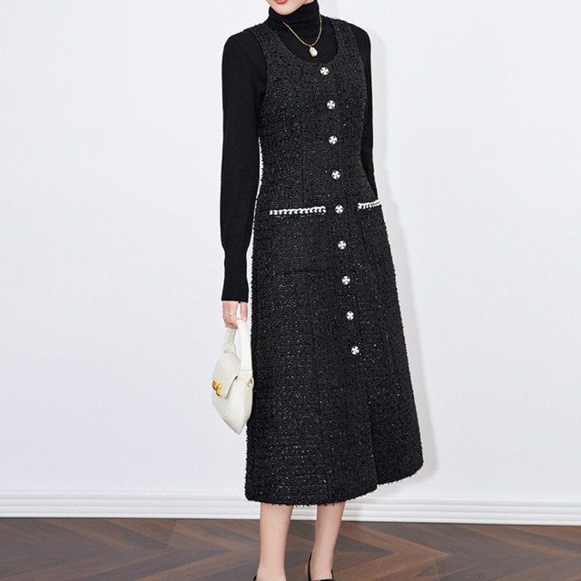 Sleeveless Tweed Button-Front Midi Dress 00347