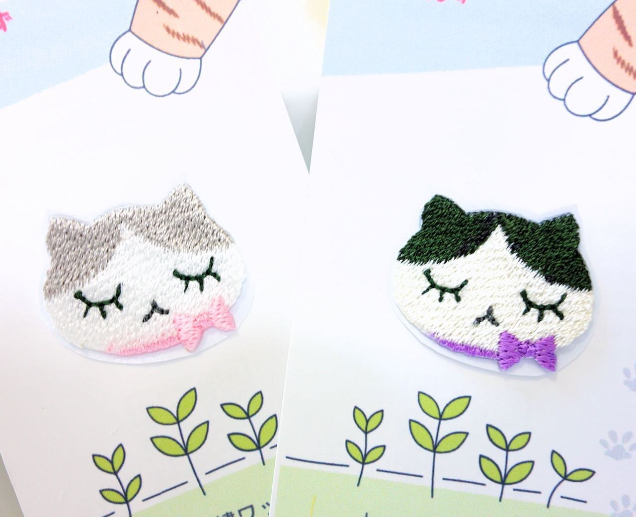 シールにもなる猫の刺繍ワッペン◆眠たい顔が可愛いネムねこ　ハチワレグレー