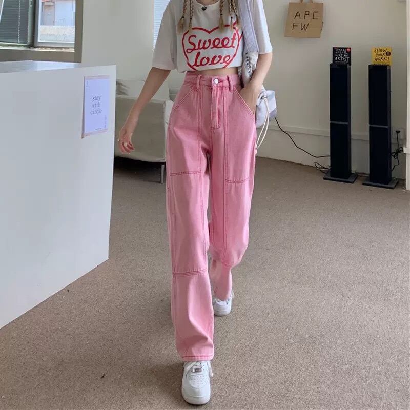 主役級 ピンク ハイウエスト パンツ ストレートパンツ ワイドパンツ カジュアル ルーズシルエット メンズライク ストリート 脚長効果 ユーズドライク Lamitte Deco トレンド 韓国ファッション ショップ Base店