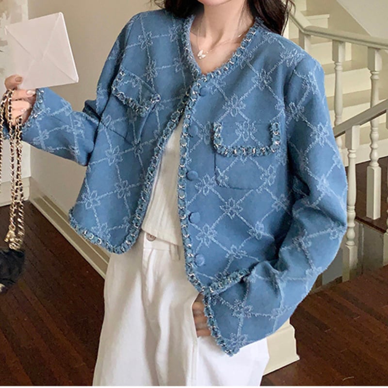 Raw edge blue denim short jacket 00021