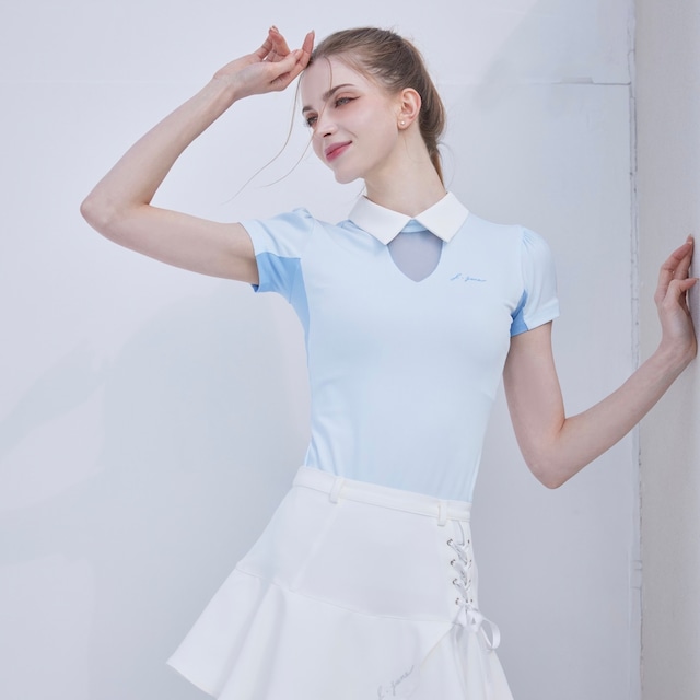 See-through Neckline Half  Sleeve T-shirts（SkyBlue）