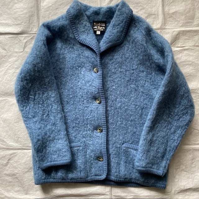 Maban of Scotland マーバン モヘアカーディガン 70s〜80s スコットランド製 一枚仕立て ブルー ヴィンテージ古着 L