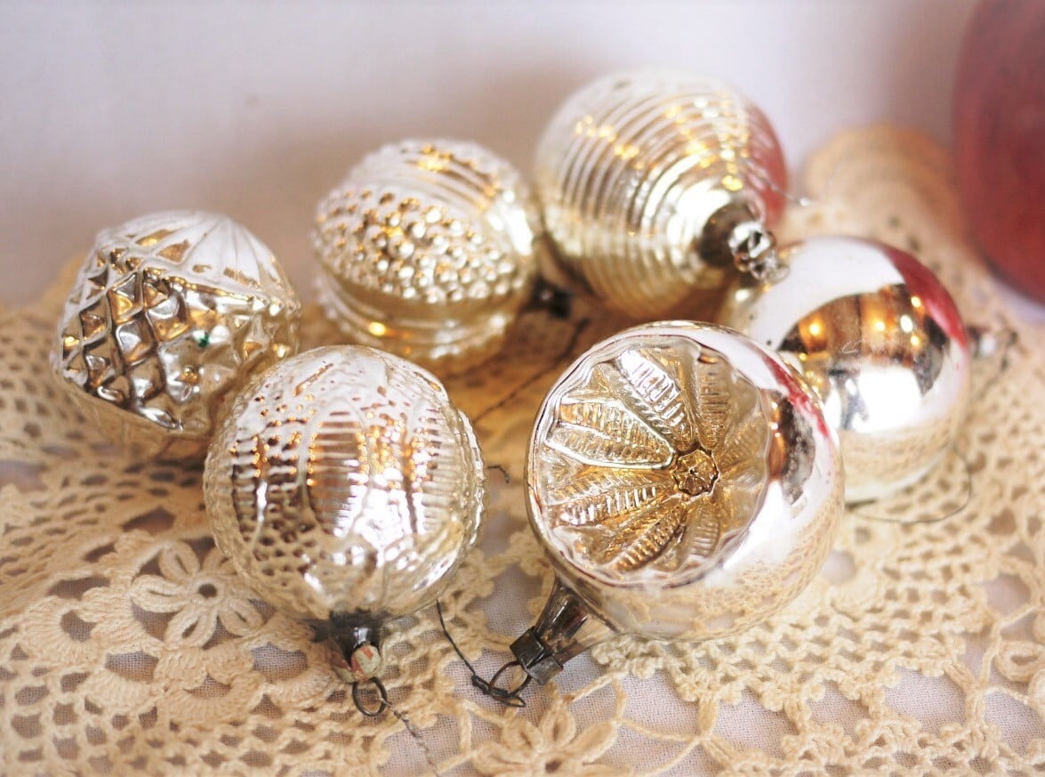 銀色ガラスボール6P シルバークーゲル ドイツヴィンテージ