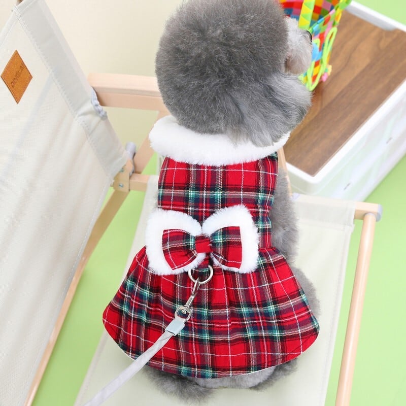 犬の服 チェック柄ワンピース コスチューム リボン 柔らかい 秋冬 加絨