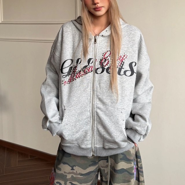 studded lettering zip-up hoodie スタッズレタリングジップパーカー　J2117