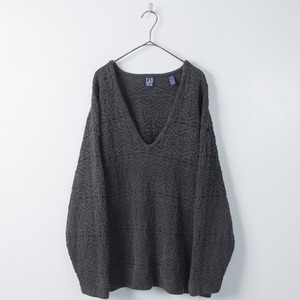 1990s vintage "GAP" woven pattern designed u-neck ramie × cotton knitted sweater