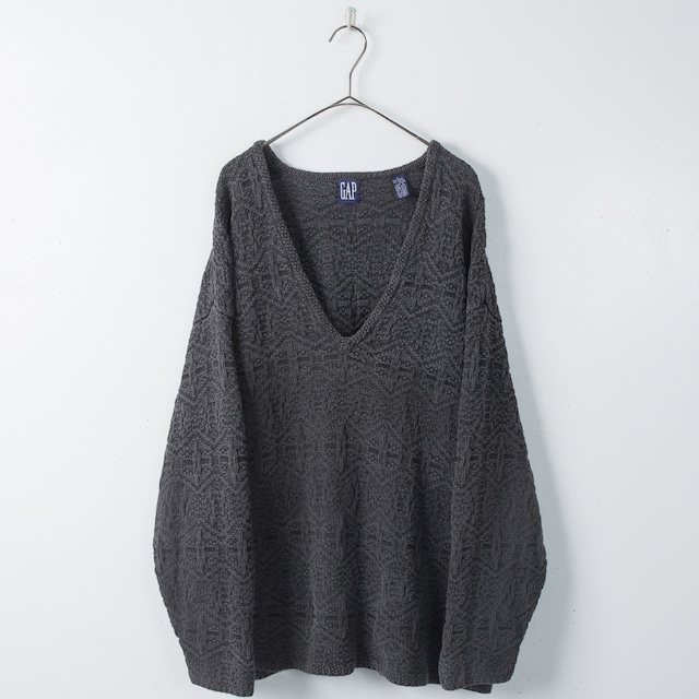 1990s vintage "GAP" woven pattern designed u-neck ramie × cotton knitted sweater