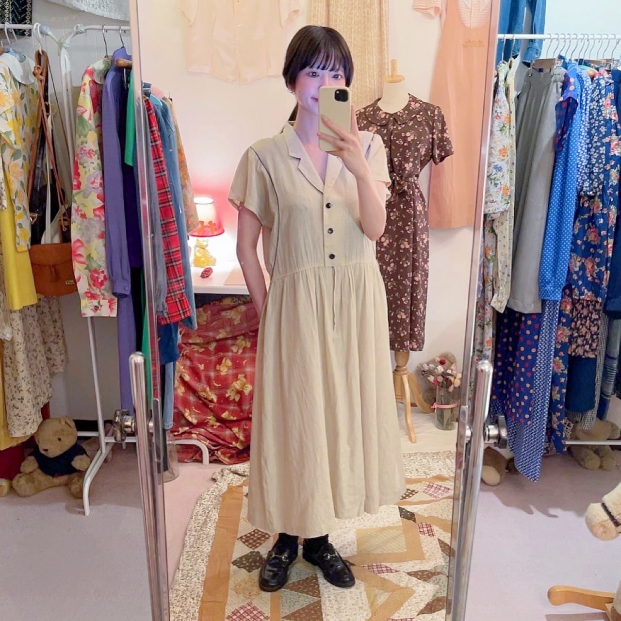 beige open collar one-piece